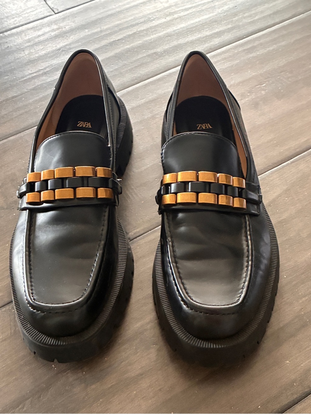 Zara Black and Gold Embellished Chunky Lug Sole Loafers - Size EU 40 (US Size 9) - Picture 2 of 11